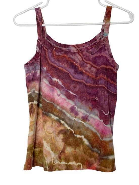 Handmade Tops - Upcycled Geode Ice Tie Dye Tank Top Shirt Womens Size Large Ribbed Handmade Tan